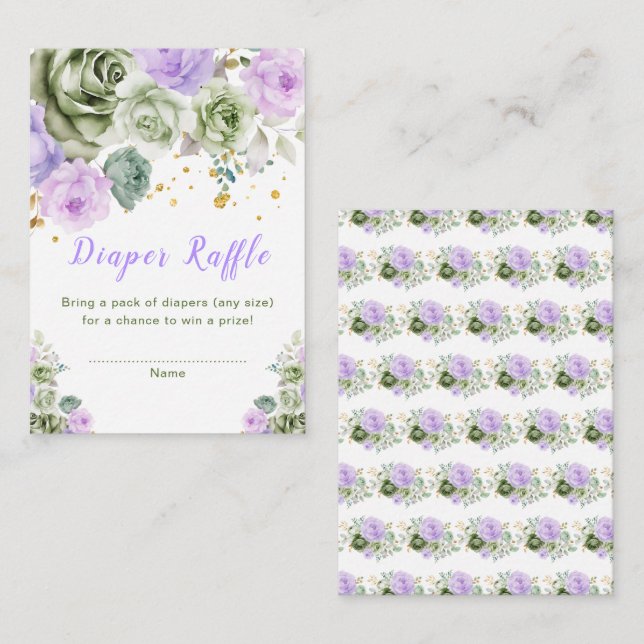 Green and Purple Floral Baby Shower Diaper Raffle Enclosure Card (Front/Back)