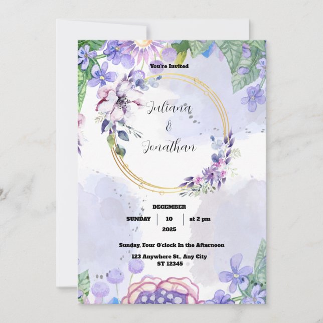 Green and Purple Floral Watercolor Wedding Invitat Invitation (Front)