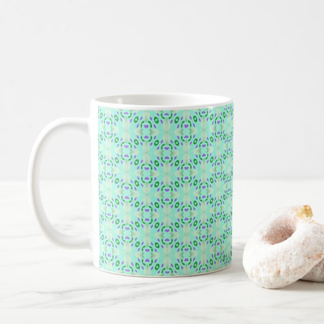 Green and Purple Geometric Flower Petals Coffee Mug (With Donut)
