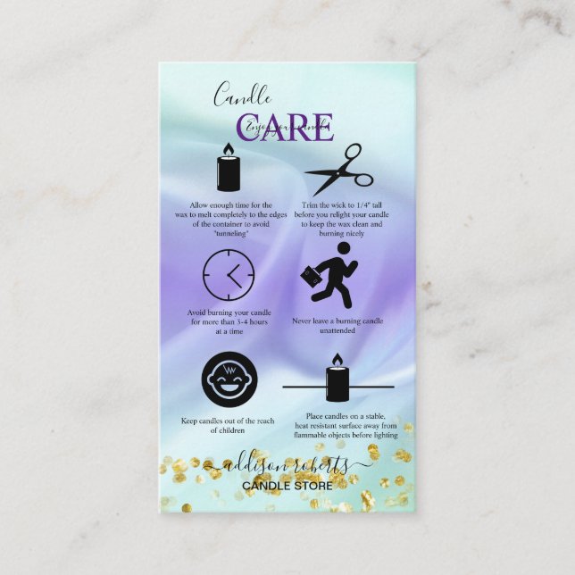Green and Purple Glitter  Candle Care  Business Card (Front)