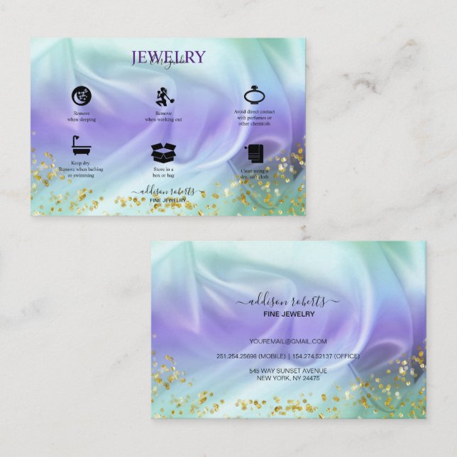 Green and Purple Glitter Jewellery Care Business Card (Front/Back)