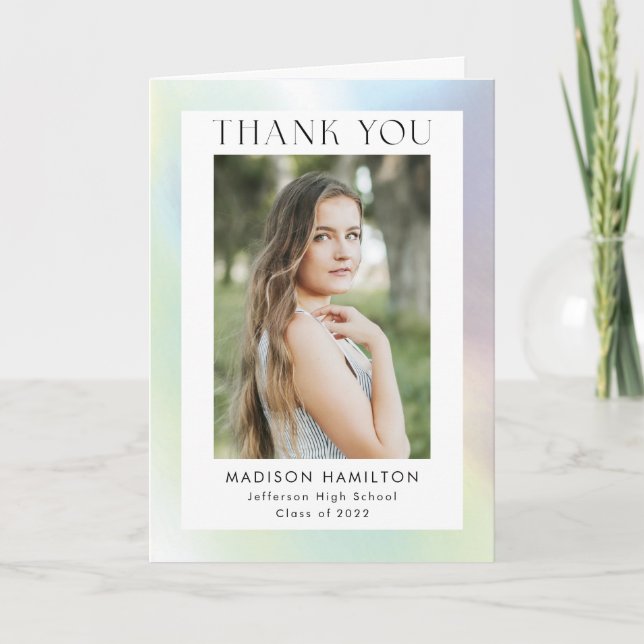 Green and Purple Holographic Photo Graduation Thank You Card (Front)