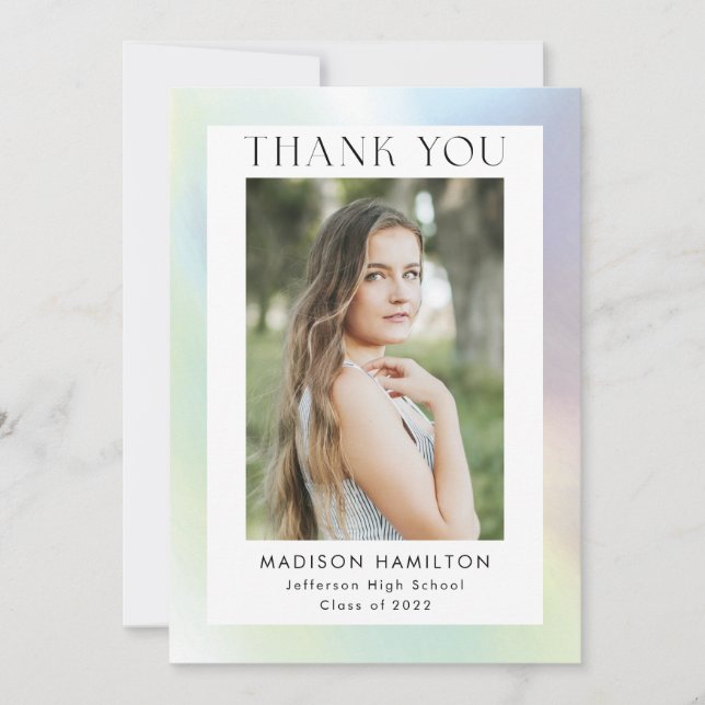 Green and Purple Holographic Photo Graduation Thank You Card (Front)