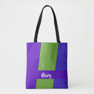 Green and purple leather textiled tote bag