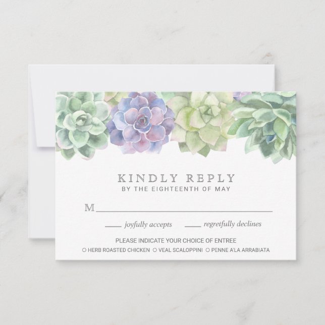 Green and Purple Meal Choice Succulent Wedding RSVP Card (Front)