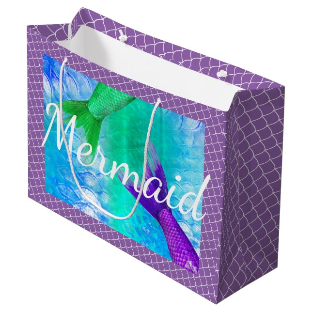 Green and Purple Mermaid Tails & Scales Large Gift Bag (Front Angled)