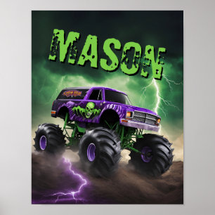 Green and Purple Monster Truck Custom Name Poster