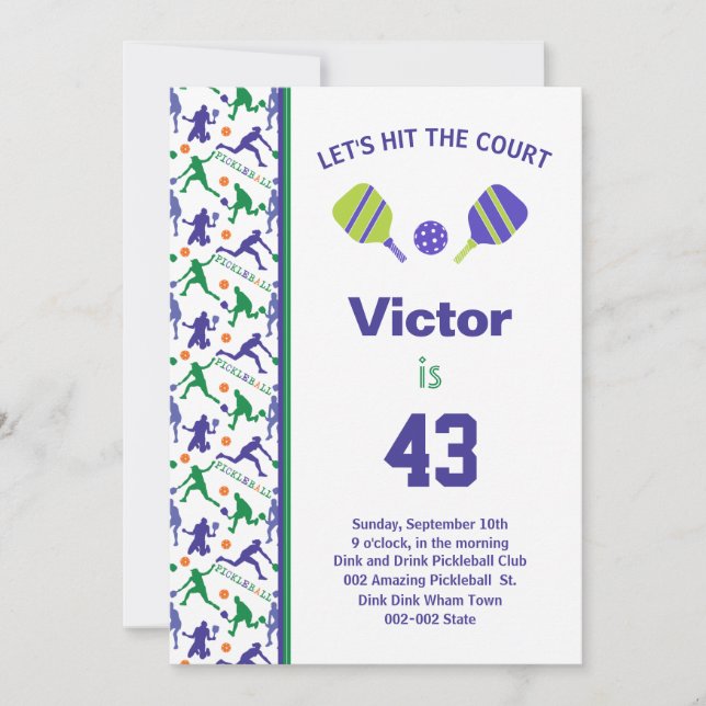 Green and purple Pickleball B'day + RSVP Invitatio Invitation (Front)