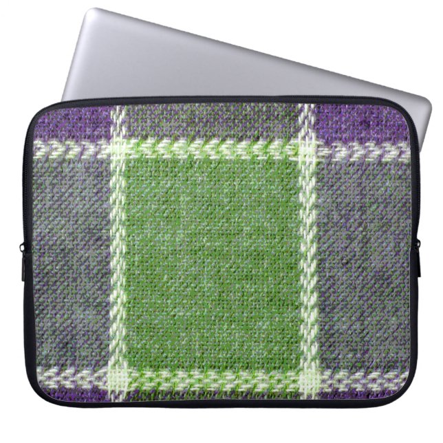 Green and Purple Plaid Wool Fabric Texture Laptop Sleeve (Front)