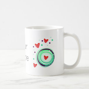 green and purple, red heart coffee mug