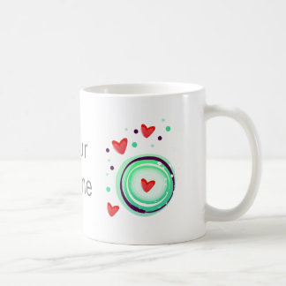 green and purple, red heart coffee mug
