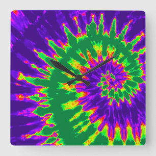 Green and Purple Spiral Tie Dye Clock