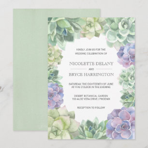 Green and Purple Succulents Border Wedding Invitation