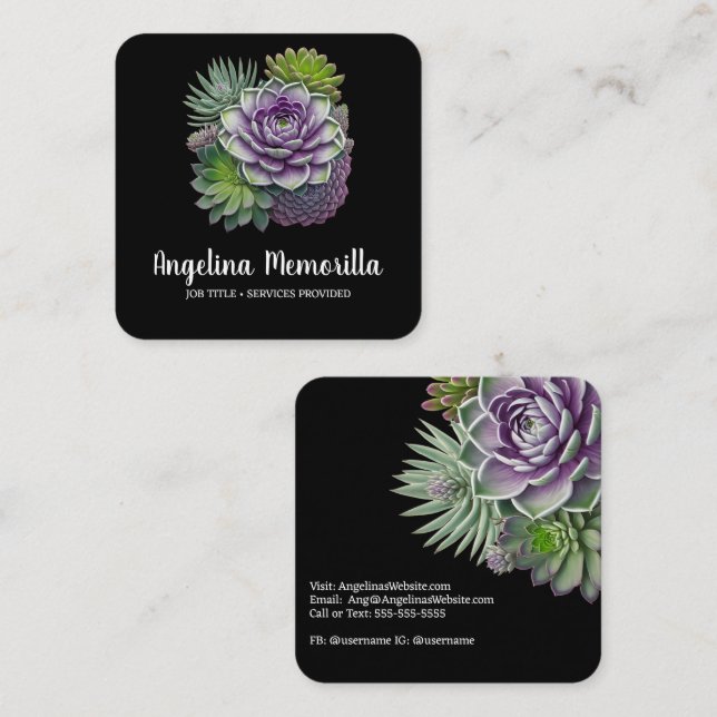 Green and Purple Succulents Garden Plants Square Business Card (Front/Back)