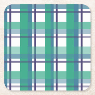 Green And Purple Tartan Pattern Square Paper Coaster