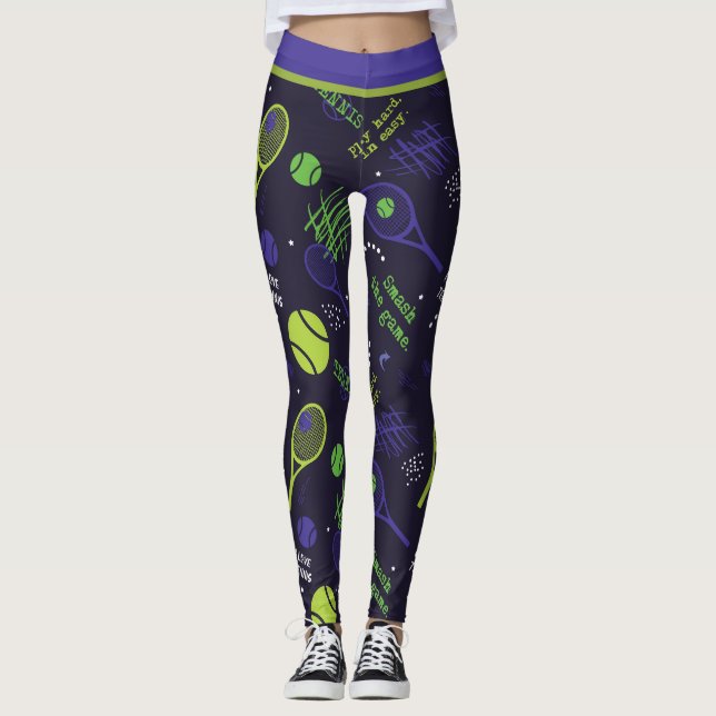 💚Green and 💜purple tennis pattern dark Leggings (Front)
