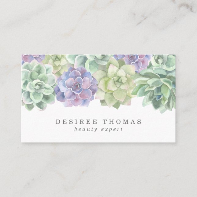 Green and Purple Watercolor Elegant Succulent Business Card (Front)