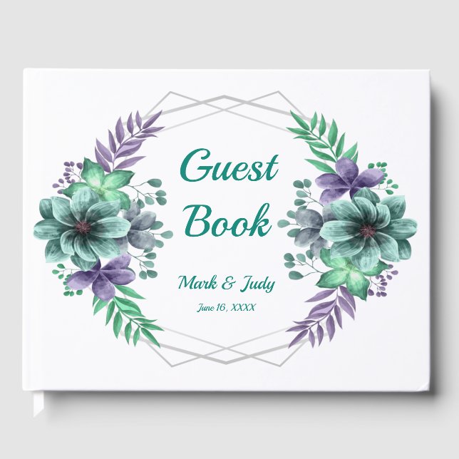 Green And Purple Watercolor Floral Wedding Guest Book (Front)