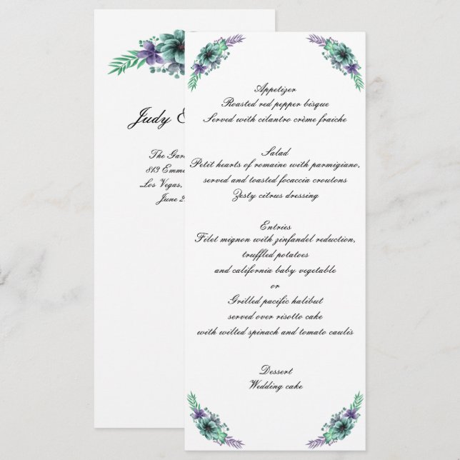 Green And Purple Watercolor Floral Wedding Menu  Invitation (Front/Back)
