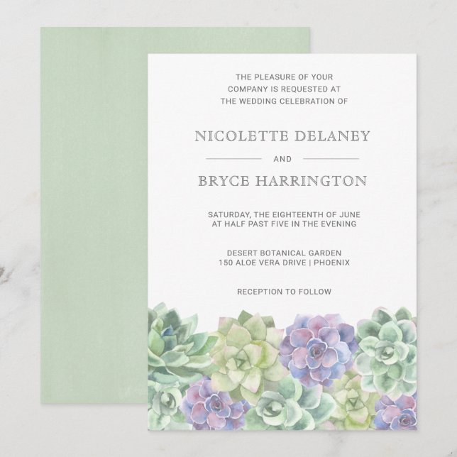 Green and Purple Watercolor Succulent Wedding Invitation (Front/Back)