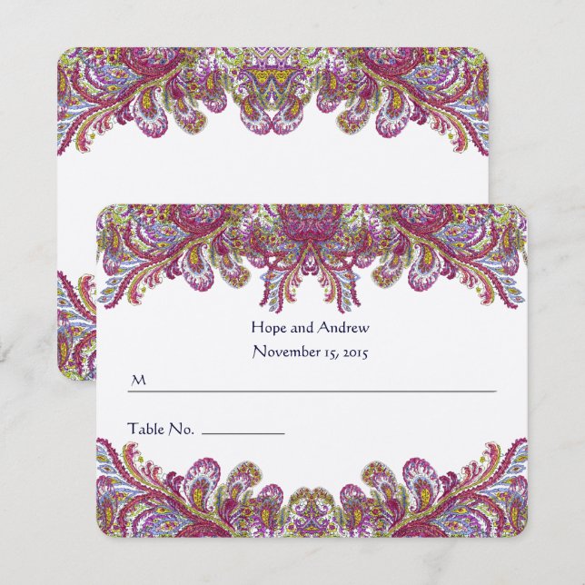 Green and Raspberry Damask Wedding Place Card (Front/Back)