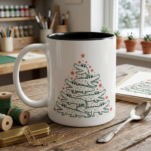 Green and Red Alligator Christmas Tree Snowflakes Two-Tone Coffee Mug