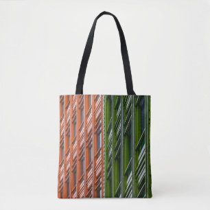Green and red architectural structure tote bag