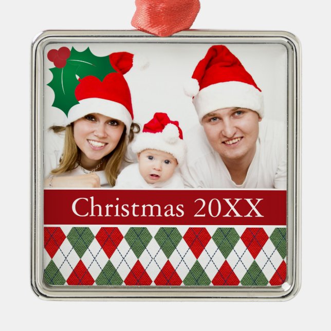 Green and Red Argyle Custom Photo Metal Tree Decoration (Front)