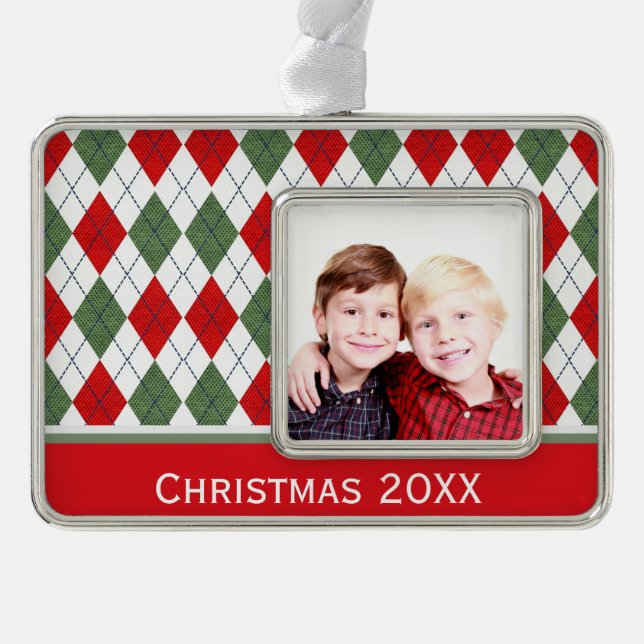 Green and Red Argyle Custom Photo Silver Plated Framed Ornament (Front)