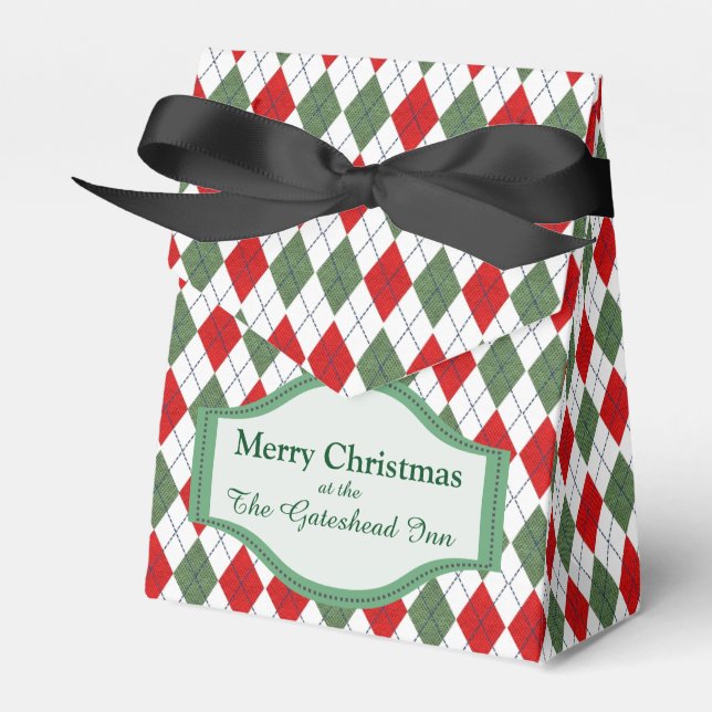 Green and Red Argyle Pattern Personalised Favour Box (Front Side)
