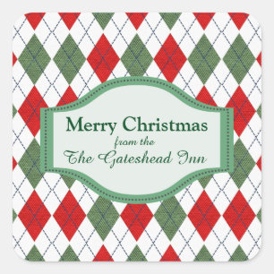 Green and Red Argyle Personalised Square Sticker