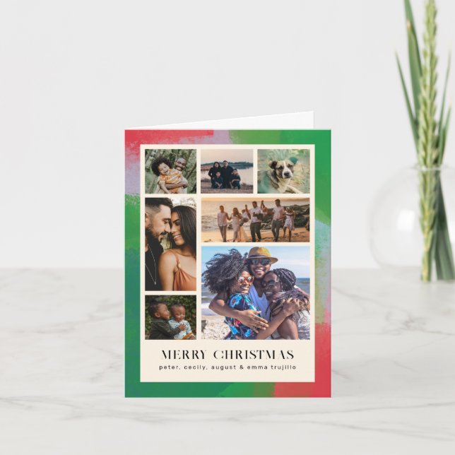 Green and Red Artful Painted Frame and Seven Photo Holiday Card (Front)