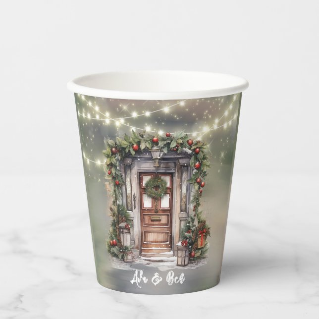 Green and Red Berry Decorated Light Door Christmas Paper Cups (Front)