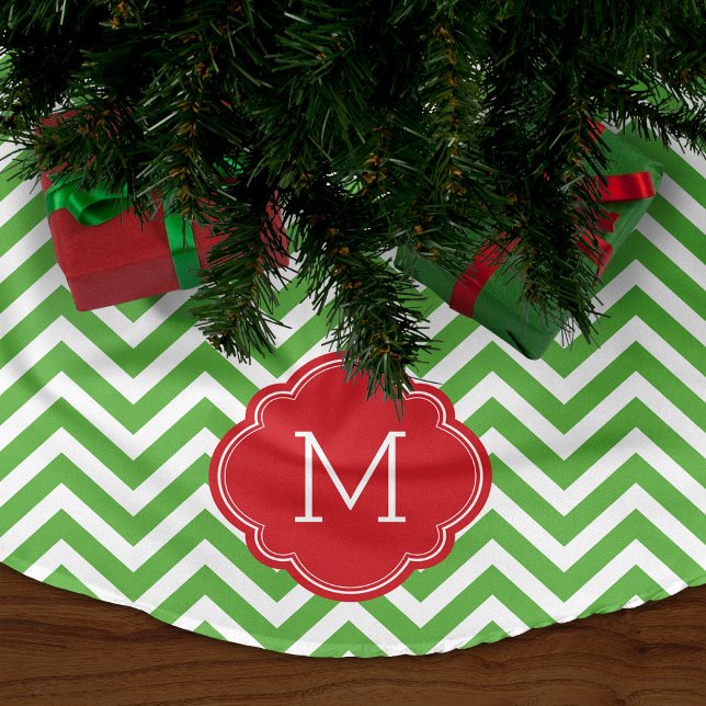 Green and Red Chevron Monogram Brushed Polyester Tree Skirt (Creator Uploaded)