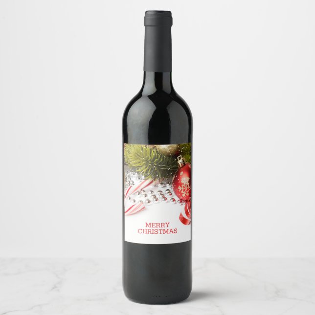 Green And Red Christmas Decor Wine Label (Front)