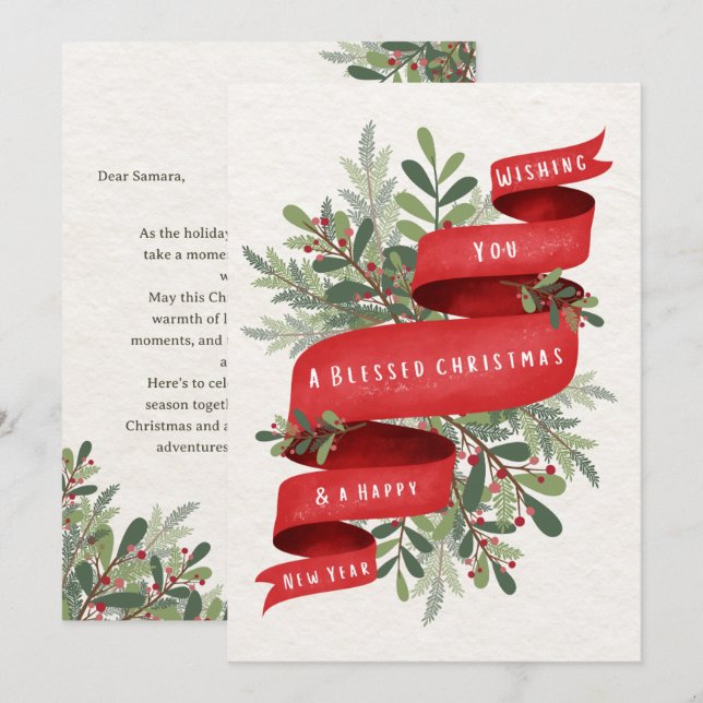 Green and Red Christmas Flower Greeting Card (Front/Back)