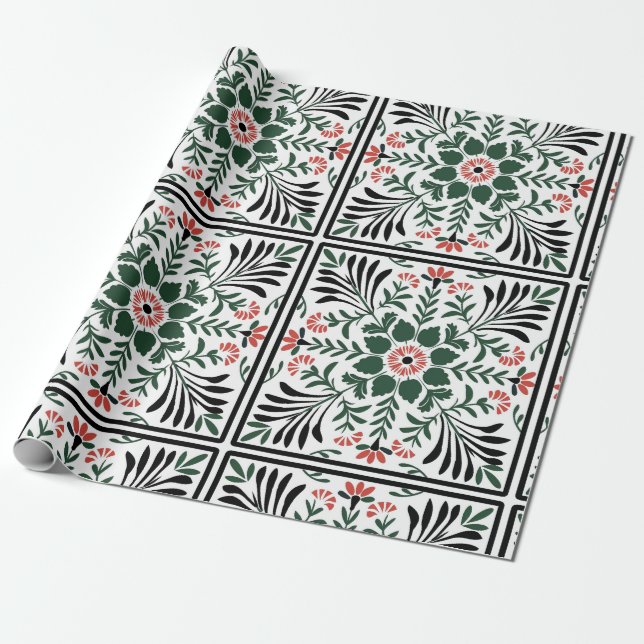 green and red christmas folk art wrapping paper (Unrolled)