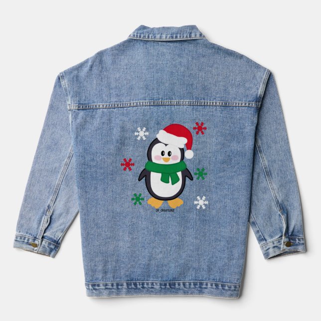Green And Red Christmas Penguin Denim Jacket (Back)