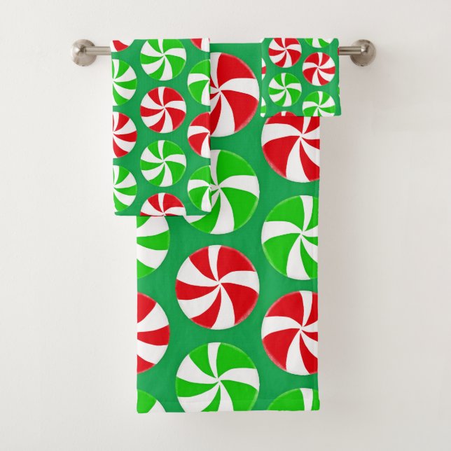 Green and Red Christmas Peppermint Spearmint Candy Bath Towel Set (Insitu)
