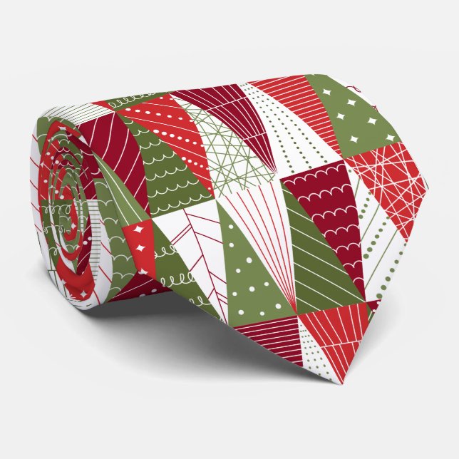Green and Red Christmas Trees Tie (Rolled)