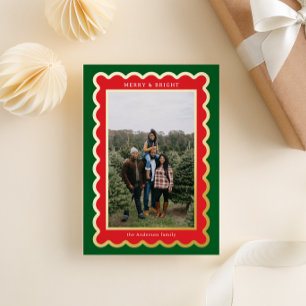 Green and Red Classic Christmas Scalloped Photo Foil Holiday Card