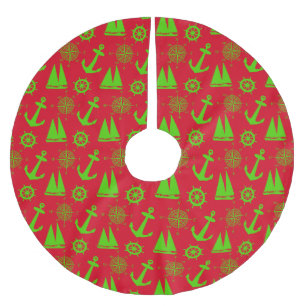 Green and Red Coastal Nautical Christmas Holiday Brushed Polyester Tree Skirt