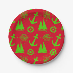 Green and Red Coastal Nautical Christmas Holiday Paper Plate
