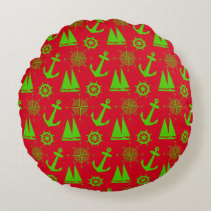 Green and Red Coastal Nautical Christmas Holiday Round Cushion
