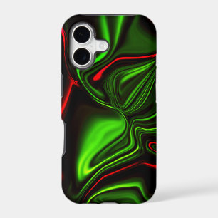 Green and red curved strokes over dark green fund