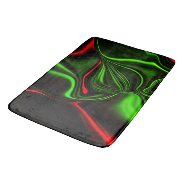 Green and red curved strokes over dark green fund bath mat (Angled)