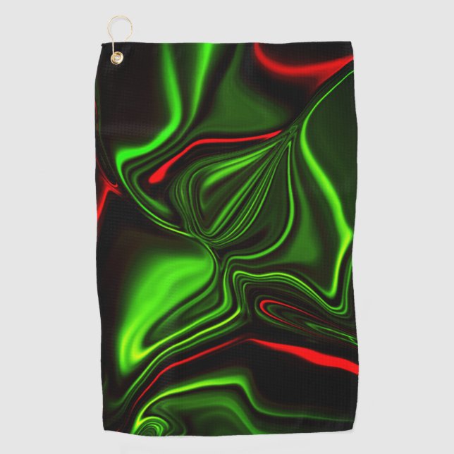 Green and red curved strokes over dark green fund golf towel (Front)