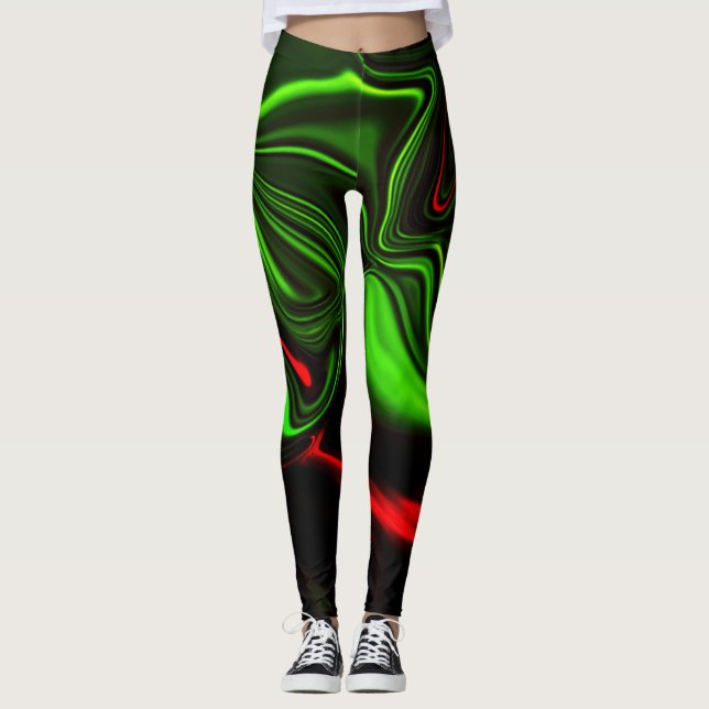 Green and red curved strokes over dark green fund leggings (Front)