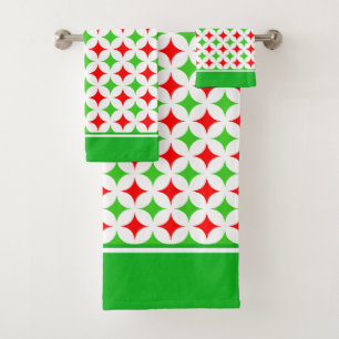 Green and Red Diamond Star Pattern on White Bath Towel Set