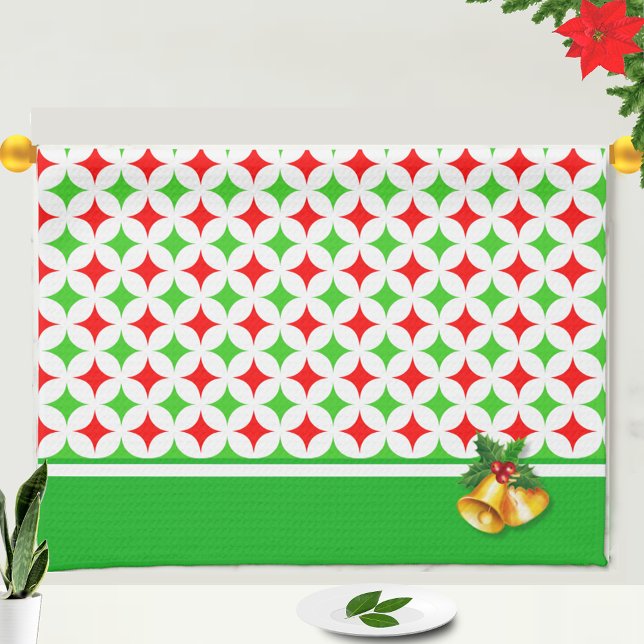 Green and Red Diamond Star Pattern on White Tea Towel (Creator Uploaded)